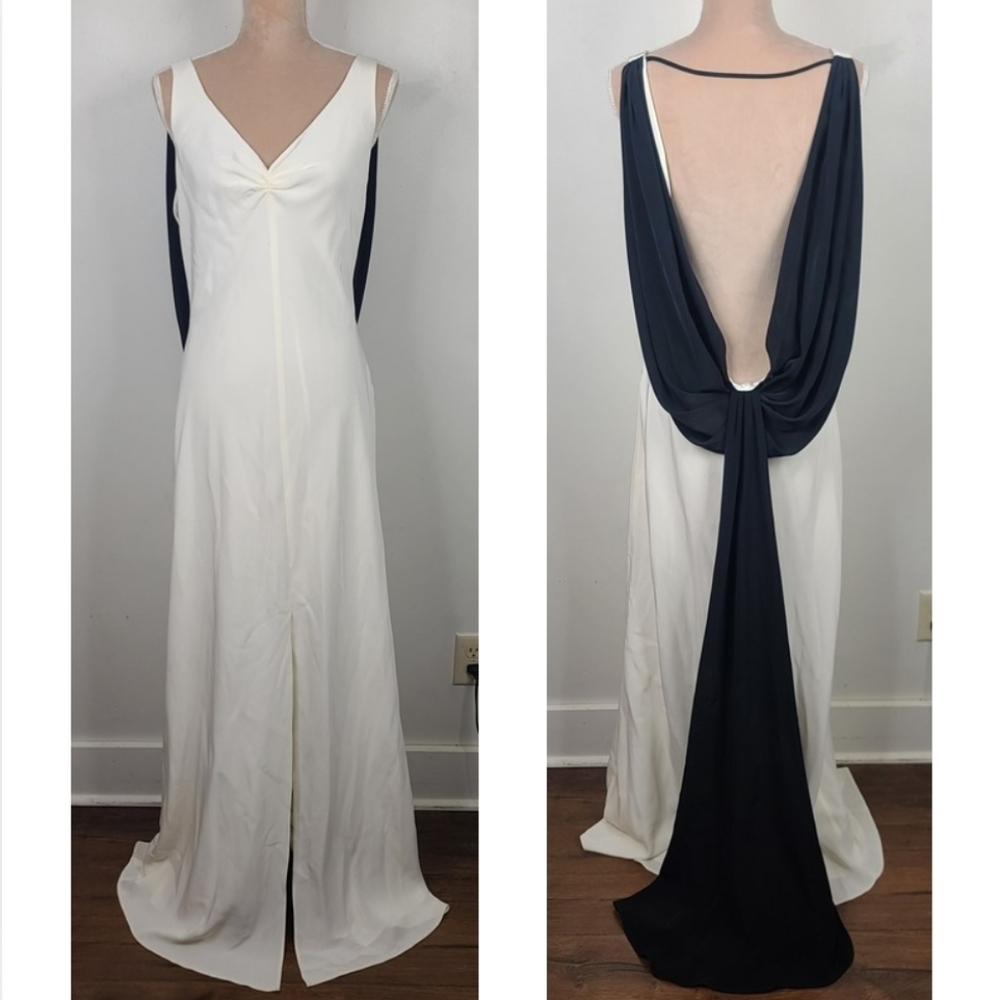 ABS Allen Schwartz Ivory & Black Cowl Drape Back Full Length Evening Gown 14